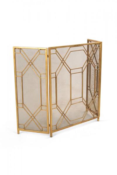 Mid Century Brass Framed Tri Fold Fire Screen