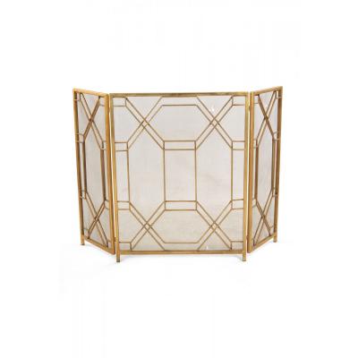 Mid Century Brass Framed Tri Fold Fire Screen