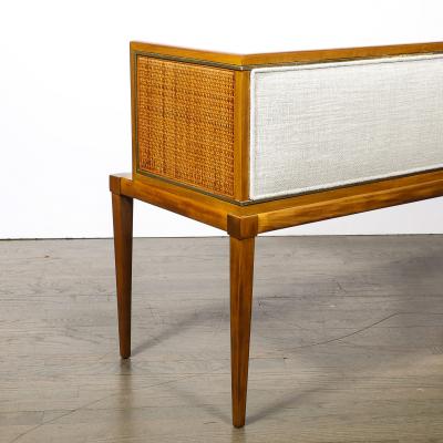 Mid Century Brass Lined Walnut Settee w Cane Detailing Holly Hunt Upholstery