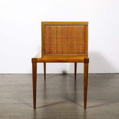 Mid Century Brass Lined Walnut Settee w Cane Detailing Holly Hunt Upholstery