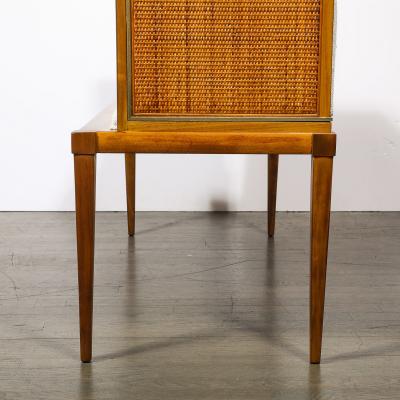 Mid Century Brass Lined Walnut Settee w Cane Detailing Holly Hunt Upholstery