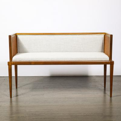 Mid Century Brass Lined Walnut Settee w Cane Detailing Holly Hunt Upholstery