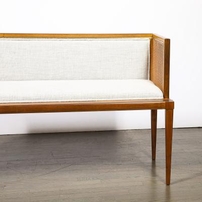Mid Century Brass Lined Walnut Settee w Cane Detailing Holly Hunt Upholstery