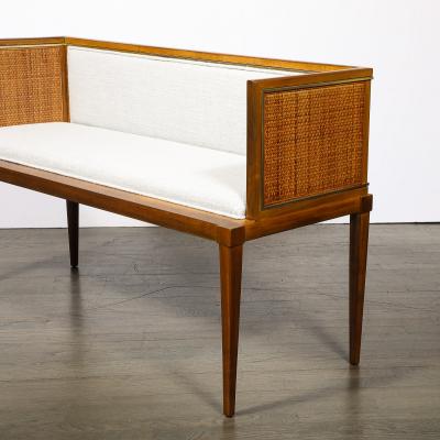 Mid Century Brass Lined Walnut Settee w Cane Detailing Holly Hunt Upholstery
