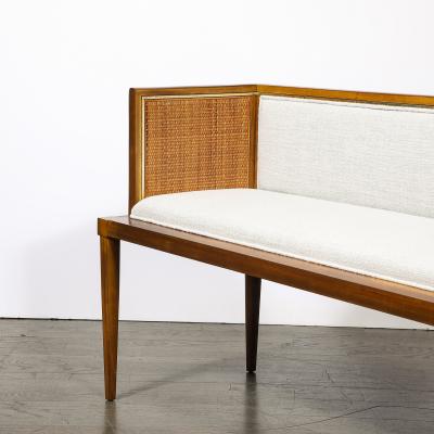 Mid Century Brass Lined Walnut Settee w Cane Detailing Holly Hunt Upholstery
