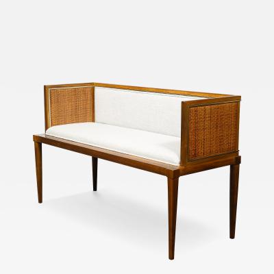 Mid Century Brass Lined Walnut Settee w Cane Detailing Holly Hunt Upholstery