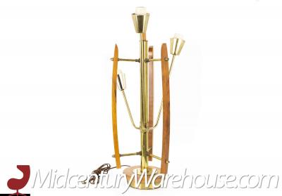 Mid Century Brass Walnut 3 Light Table Lamp