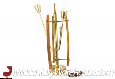 Mid Century Brass Walnut 3 Light Table Lamp