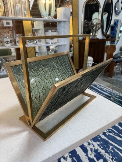 Mid Century Brass and Green Plexiglass Magazine Holder Italy