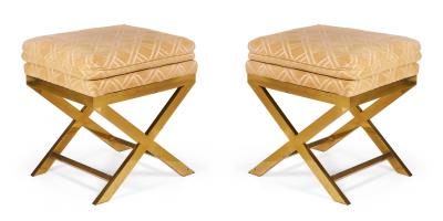 Mid Century Brass and Lattice Patterned Tan Upholstered X Benches
