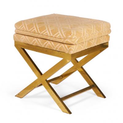 Mid Century Brass and Lattice Patterned Tan Upholstered X Benches