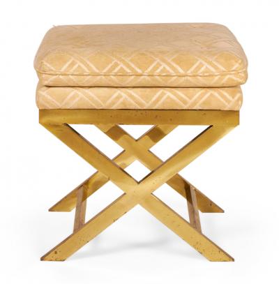 Mid Century Brass and Lattice Patterned Tan Upholstered X Benches
