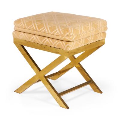 Mid Century Brass and Lattice Patterned Tan Upholstered X Benches