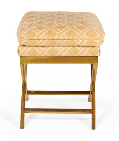 Mid Century Brass and Lattice Patterned Tan Upholstered X Benches