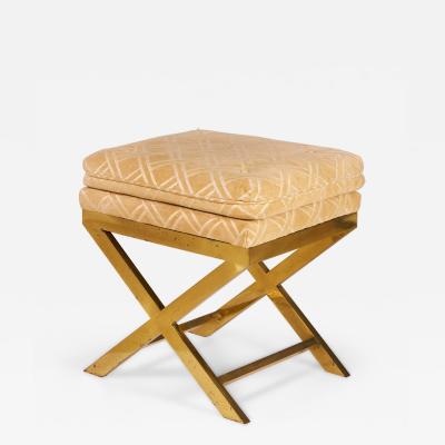 Mid Century Brass and Lattice Patterned Tan Upholstered X Benches