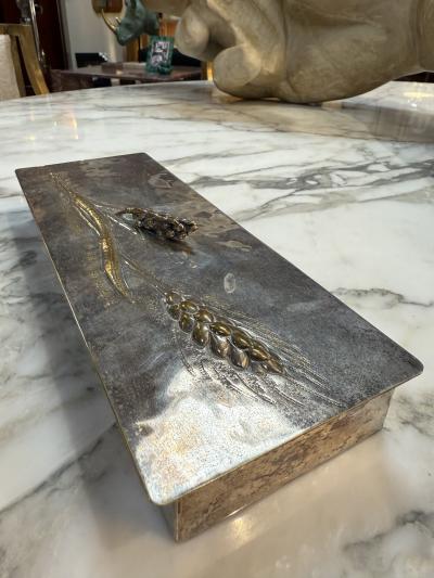 Mid Century Brass and Nickel Silver Relief Box with Wheat Motif
