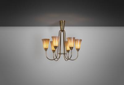Mid Century Brass and Opal ER 68 6 Chandelier for Itsu Finland ca 1950s