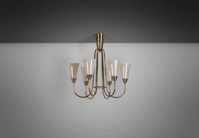 Mid Century Brass and Opal ER 68 6 Chandelier for Itsu Finland ca 1950s