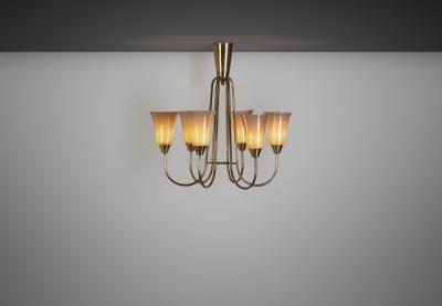 Mid Century Brass and Opal ER 68 6 Chandelier for Itsu Finland ca 1950s