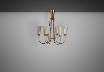 Mid Century Brass and Opal ER 68 6 Chandelier for Itsu Finland ca 1950s