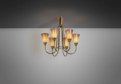 Mid Century Brass and Opal ER 68 6 Chandelier for Itsu Finland ca 1950s