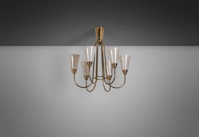 Mid Century Brass and Opal ER 68 6 Chandelier for Itsu Finland ca 1950s