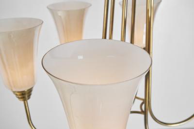 Mid Century Brass and Opal ER 68 6 Chandelier for Itsu Finland ca 1950s