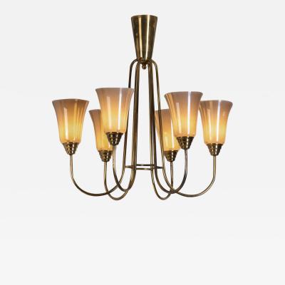 Mid Century Brass and Opal ER 68 6 Chandelier for Itsu Finland ca 1950s