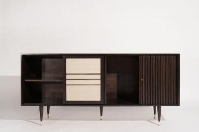 Mid Century Brass and Walnut Credenza C 1950s
