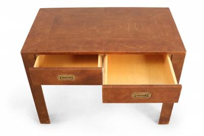 Mid Century Brown Leather Covered 2 Drawer Desk