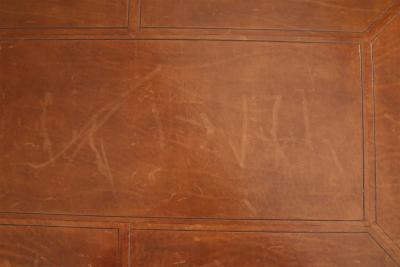 Mid Century Brown Leather Covered 2 Drawer Desk