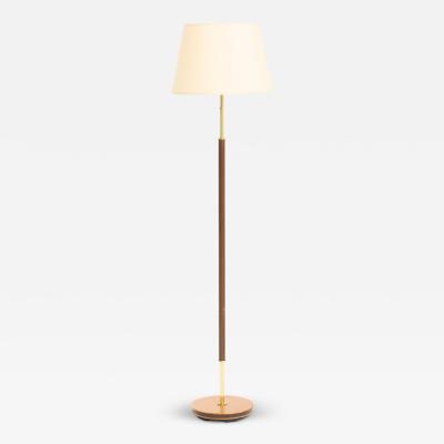 Mid Century Brown Leather and Brass Floor Lamp