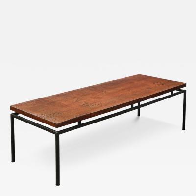 Mid Century Brutalist Abstract Textural Copper Cocktail Table w Black Supports