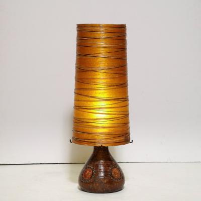 Mid Century Brutalist Ceramic Table Lamp with Horizontally Striated Resin Shade