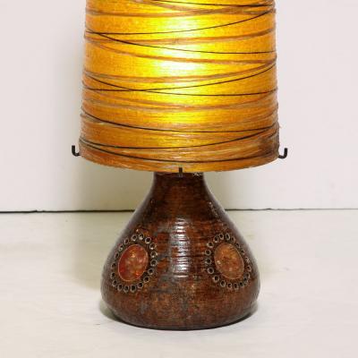 Mid Century Brutalist Ceramic Table Lamp with Horizontally Striated Resin Shade