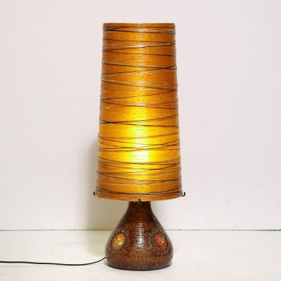 Mid Century Brutalist Ceramic Table Lamp with Horizontally Striated Resin Shade