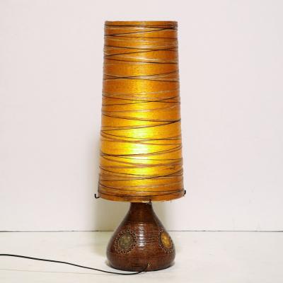 Mid Century Brutalist Ceramic Table Lamp with Horizontally Striated Resin Shade