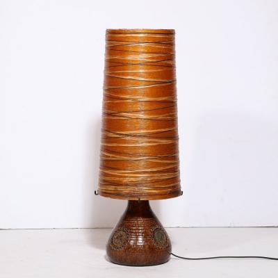 Mid Century Brutalist Ceramic Table Lamp with Horizontally Striated Resin Shade