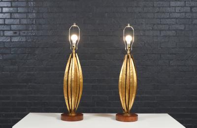 Mid Century Brutalist Flame Leaf Gilt Metal Table Lamps