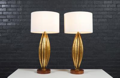 Mid Century Brutalist Flame Leaf Gilt Metal Table Lamps