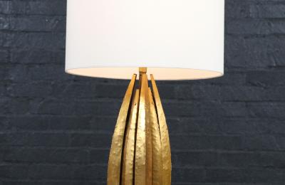 Mid Century Brutalist Flame Leaf Gilt Metal Table Lamps
