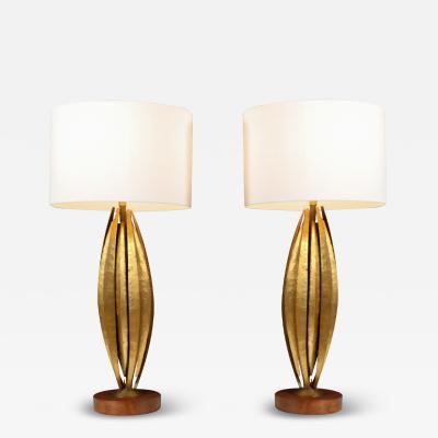 Mid Century Brutalist Flame Leaf Gilt Metal Table Lamps