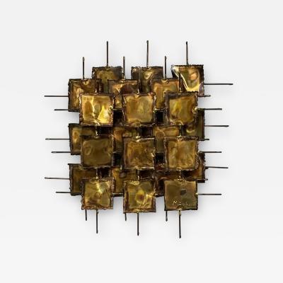Mid Century Brutalist Modern Abstract Brass Wall Sculpture Signed Monk