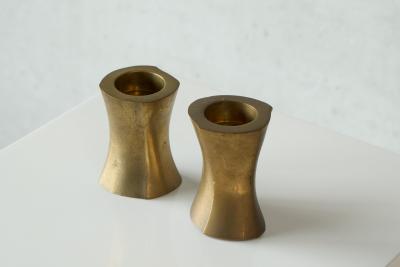 Mid Century Brutalist Pair of Candle Holders in Patinated Solid Brass 1970s
