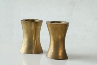 Mid Century Brutalist Pair of Candle Holders in Patinated Solid Brass 1970s