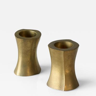 Mid Century Brutalist Pair of Candle Holders in Patinated Solid Brass 1970s