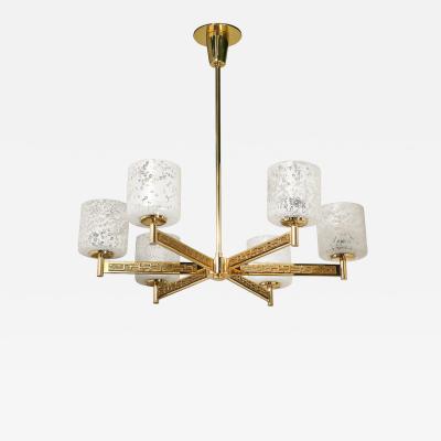Mid Century Brutalist Six Arm Textural Brass Mottled Glass Chandelier