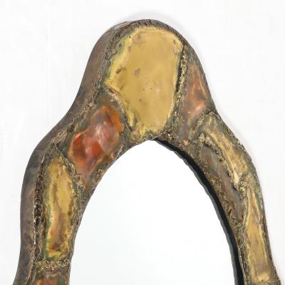 Mid Century Brutalist Textural Welded Brass Copper Bordered Signed Mirror