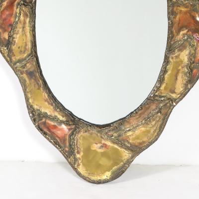 Mid Century Brutalist Textural Welded Brass Copper Bordered Signed Mirror