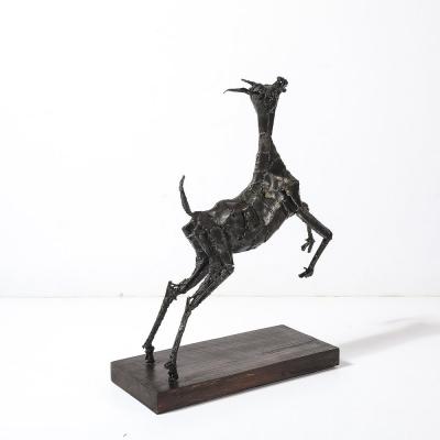 Mid Century Brutalist Welded Bronze Sculpture of a Leaping Goat on Wood Base